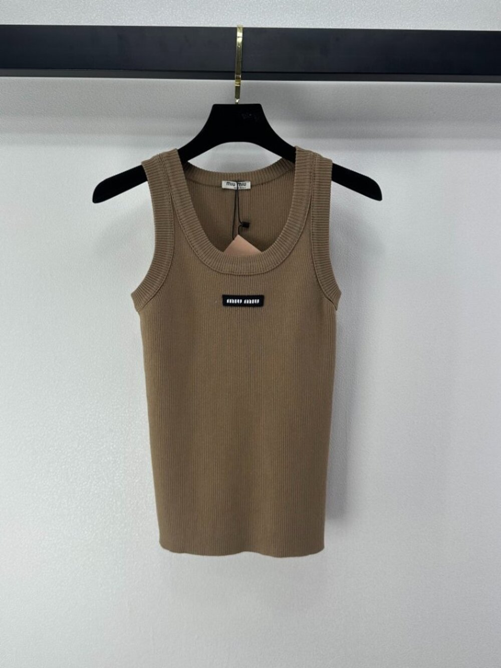 MIU MIU Tan Ribbed Scoop Neck Tank Top